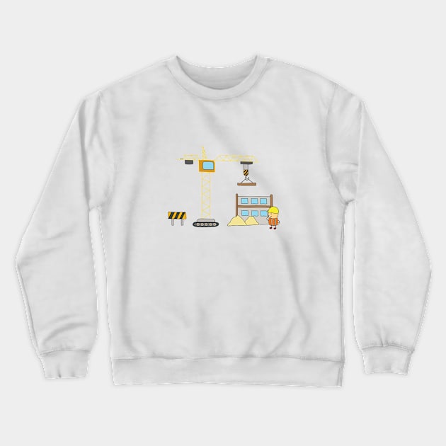 Kids drawing of building construction scene with worker and tower crane Crewneck Sweatshirt by wordspotrayal